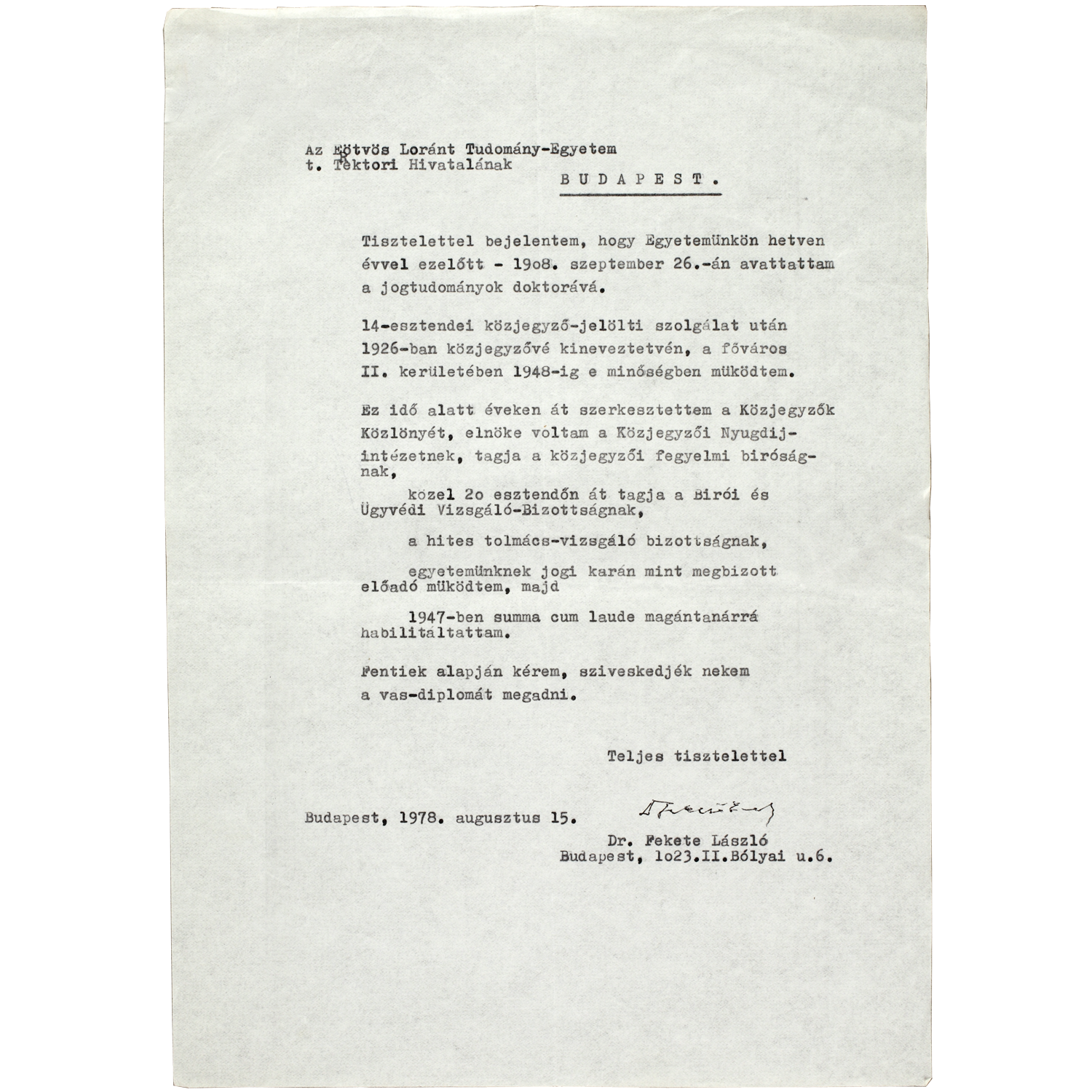 Fekete László kérelme az egyetemhez a vas diploma kiadásáról 