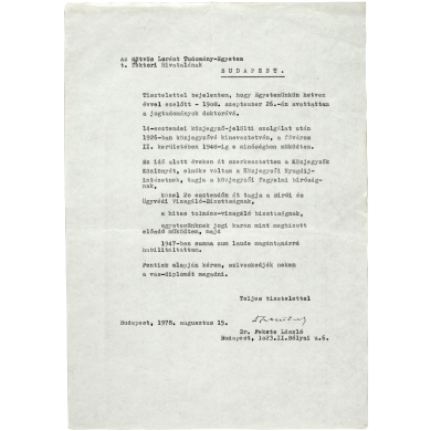 Fekete László kérelme az egyetemhez a vas diploma kiadásáról 