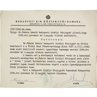 A közjegyzői kamara értesítése a vitézi cím kamarai bejegyzéséről